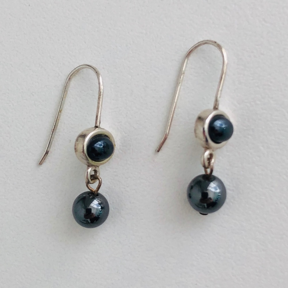 Silver and faux black pearl drop earrings